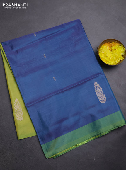 Banana pith saree peacock blue and fluorescent green with thread woven buttas and simple border
