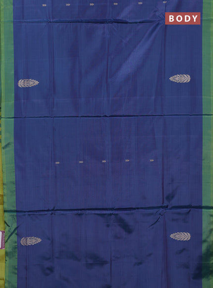 Banana pith saree peacock blue and fluorescent green with thread woven buttas and simple border