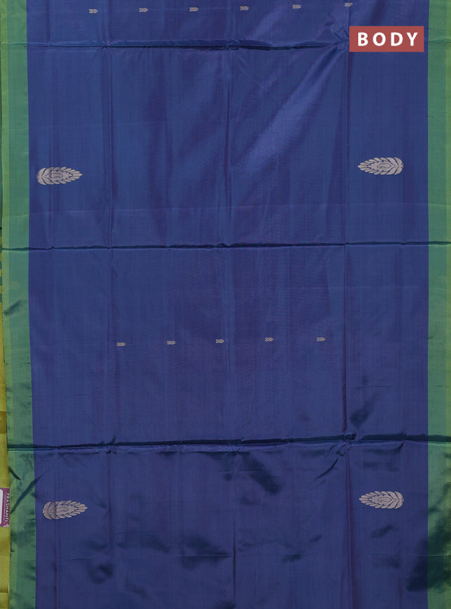 Banana pith saree peacock blue and fluorescent green with thread woven buttas and simple border