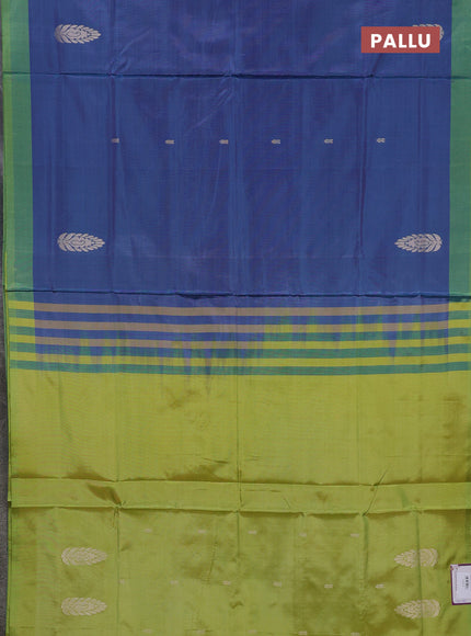 Banana pith saree peacock blue and fluorescent green with thread woven buttas and simple border