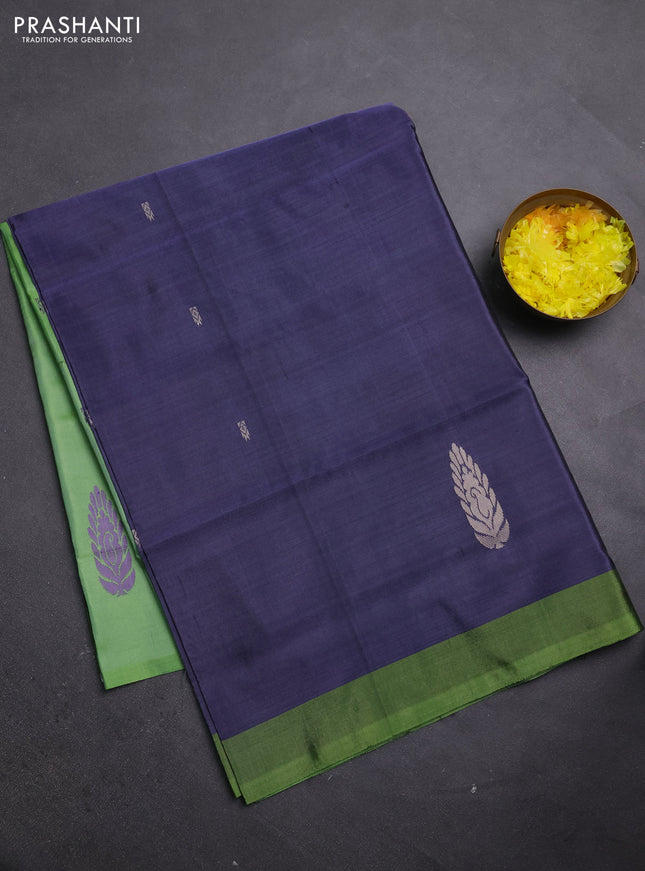Banana pith saree navy blue shade and green shade with thread woven buttas and simple border