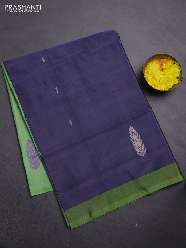 Banana pith saree navy blue shade and green shade with thread woven buttas and simple border