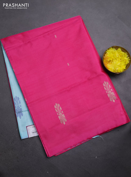 Banana pith saree pink and teal blue with thread woven buttas in borderless style