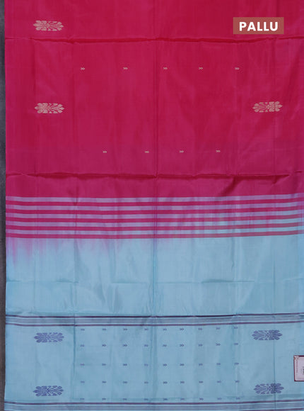 Banana pith saree pink and teal blue with thread woven buttas in borderless style