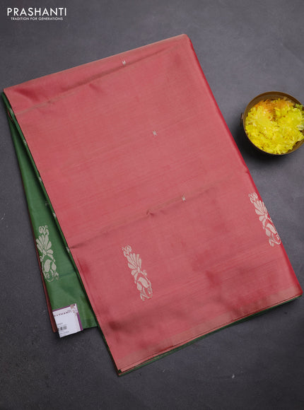 Banana pith saree red shade and green shade with thread woven buttas in borderless style