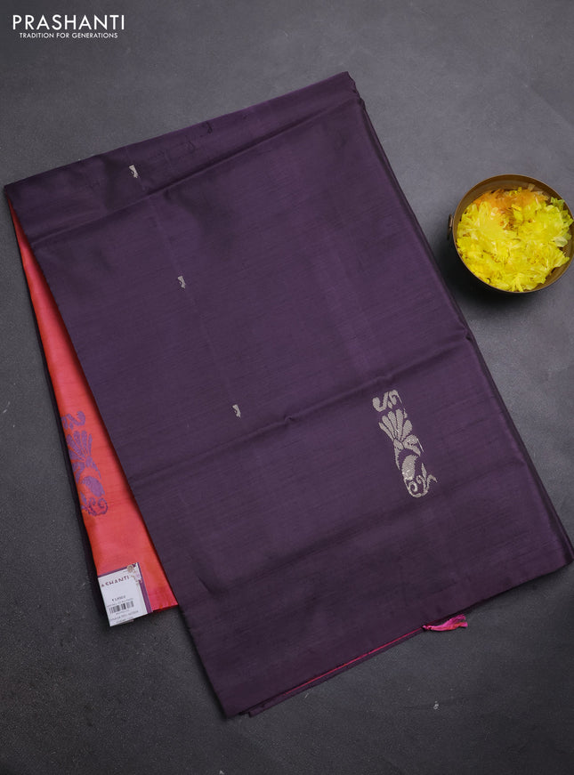 Banana pith saree dark grey and dual shade of pinkish orange with thread woven buttas in borderless style