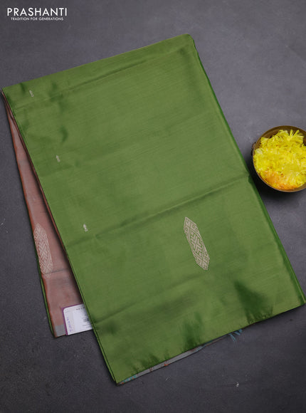 Banana pith saree mehendi green and dual shade of rust with thread woven buttas in borderless style