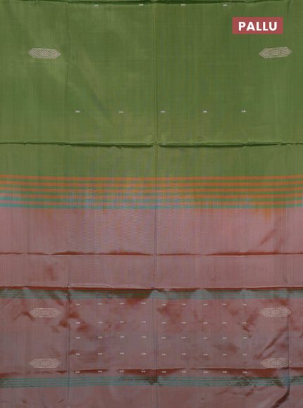 Banana pith saree mehendi green and dual shade of rust with thread woven buttas in borderless style