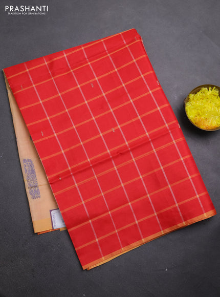 Banana pith saree red and mango yellow with allover checks & thread woven buttas in borderless style