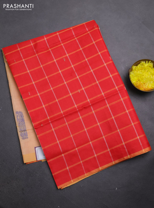 Banana pith saree red and mango yellow with allover checks & thread woven buttas in borderless style