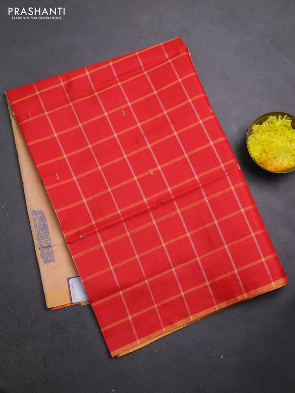 Banana pith saree red and mango yellow with allover checks & thread woven buttas in borderless style