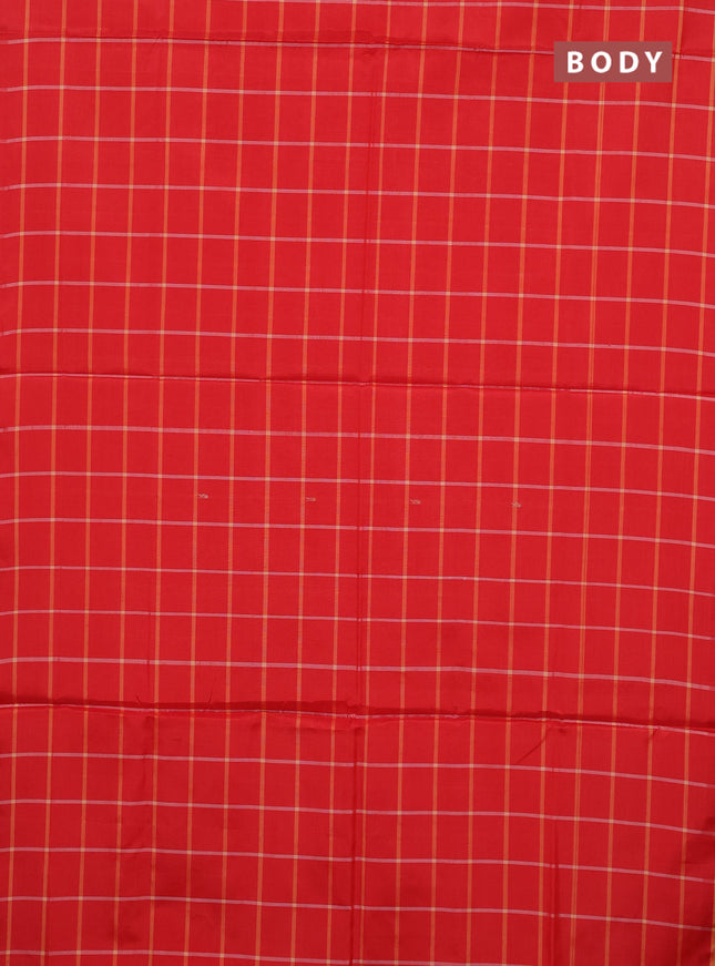 Banana pith saree red and mango yellow with allover checks & thread woven buttas in borderless style