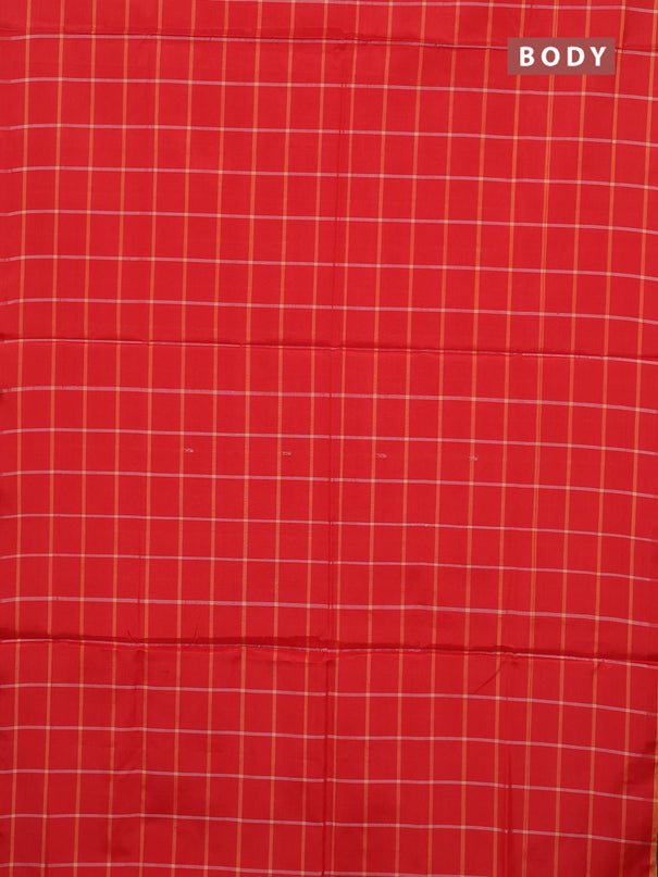 Banana pith saree red and mango yellow with allover checks & thread woven buttas in borderless style