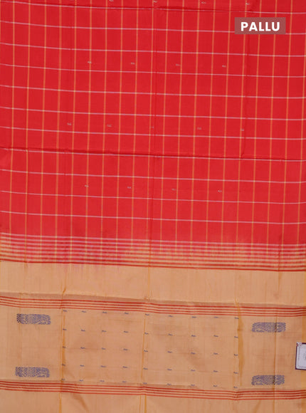 Banana pith saree red and mango yellow with allover checks & thread woven buttas in borderless style