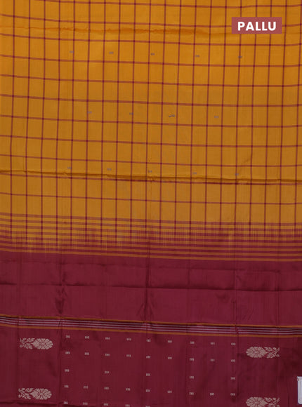 Banana pith saree mustard shade and maroon with allover checks & thread woven buttas in borderless style