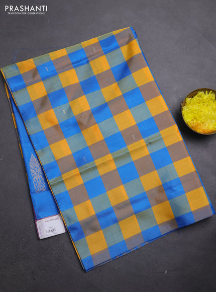 Banana pith saree mango yellow and teal blue with allover checks & thread woven buttas in borderless style