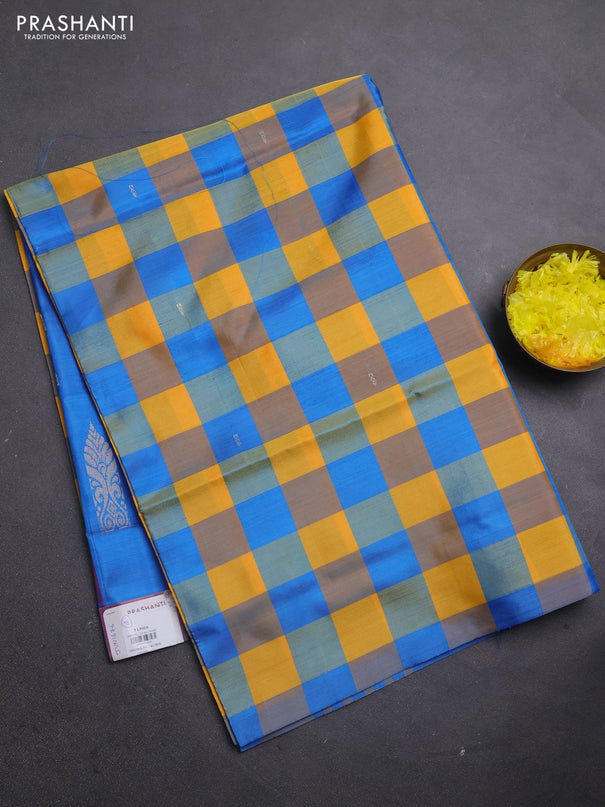 Banana pith saree mango yellow and teal blue with allover checks & thread woven buttas in borderless style