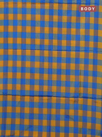Banana pith saree mango yellow and teal blue with allover checks & thread woven buttas in borderless style