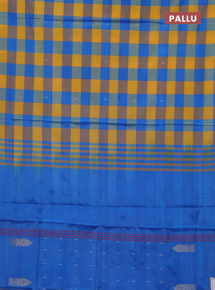 Banana pith saree mango yellow and teal blue with allover checks & thread woven buttas in borderless style
