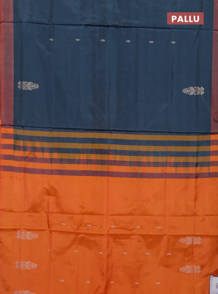Banana pith saree peacock green and orange with thread woven buttas and simple border