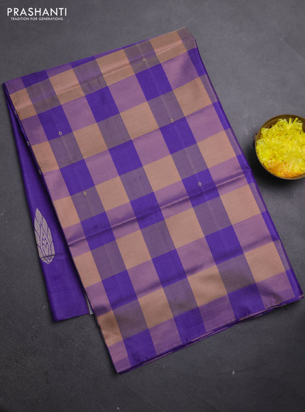 Banana pith saree beige and violet with allover checks & thread woven buttas in borderless style