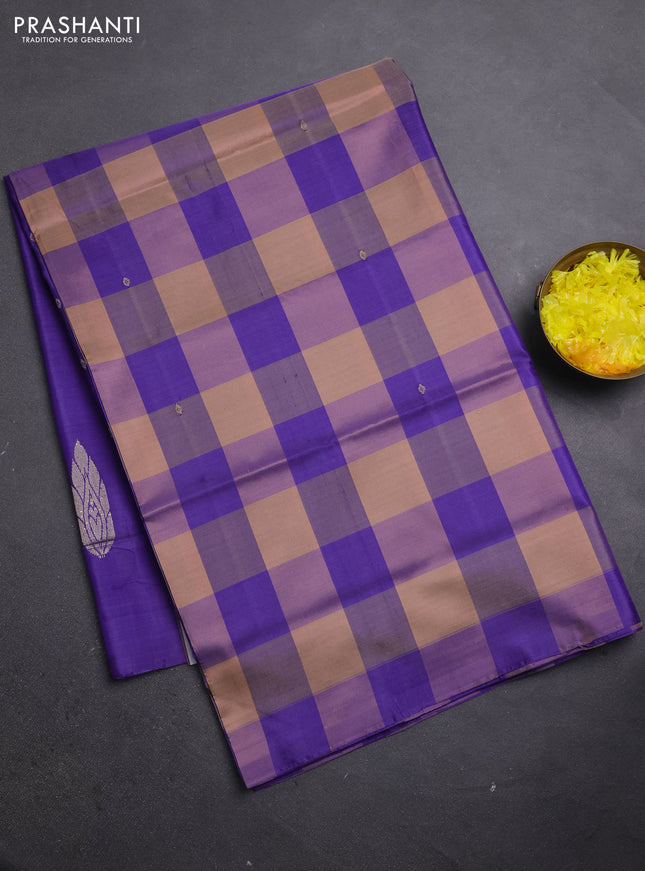 Banana pith saree beige and violet with allover checks & thread woven buttas in borderless style