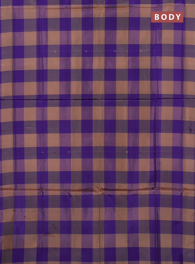 Banana pith saree beige and violet with allover checks & thread woven buttas in borderless style