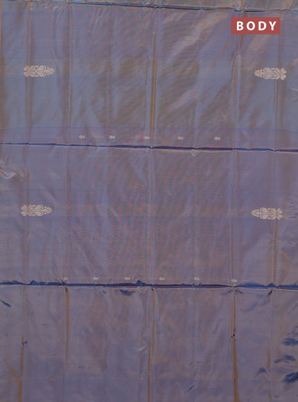 Banana pith saree dual shade of bluish orange and purple with thread woven buttas in borderless style