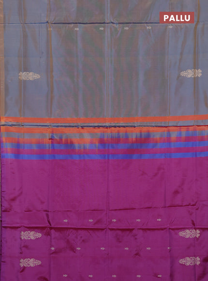 Banana pith saree dual shade of bluish orange and purple with thread woven buttas in borderless style