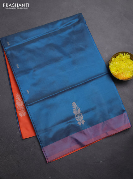 Banana pith saree peacock blue and orange with thread woven buttas and simple border