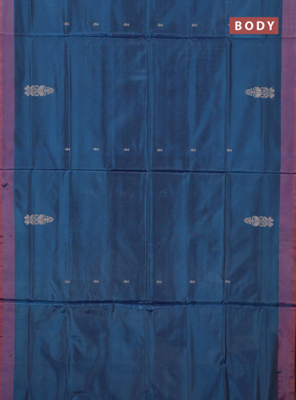 Banana pith saree peacock blue and orange with thread woven buttas and simple border