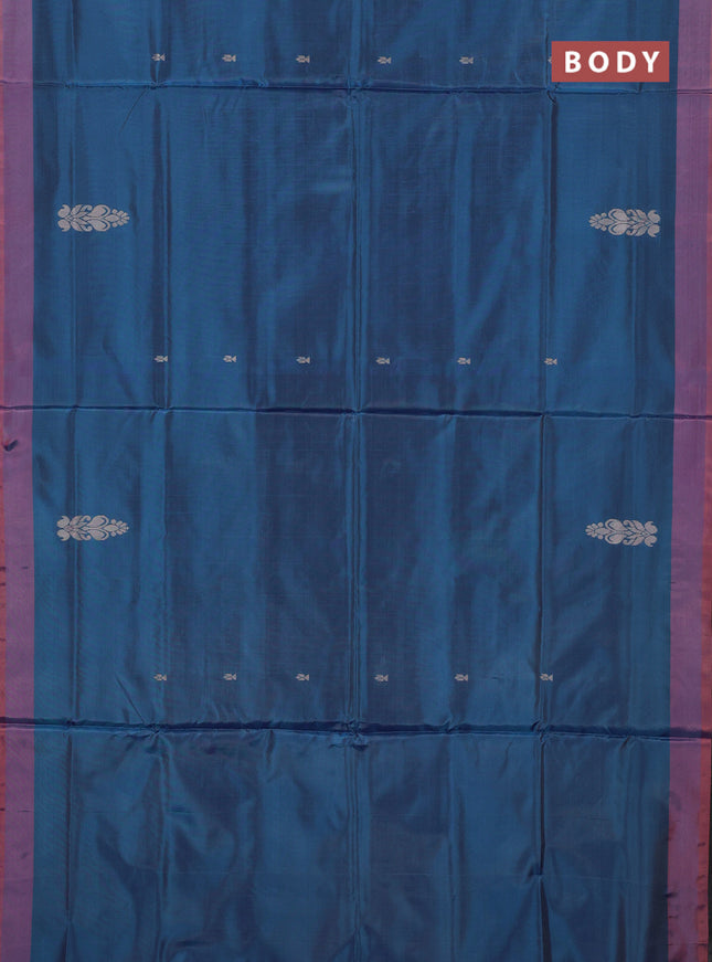 Banana pith saree peacock blue and orange with thread woven buttas and simple border