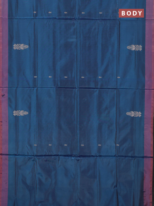 Banana pith saree peacock blue and orange with thread woven buttas and simple border