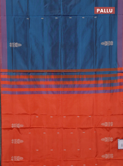 Banana pith saree peacock blue and orange with thread woven buttas and simple border