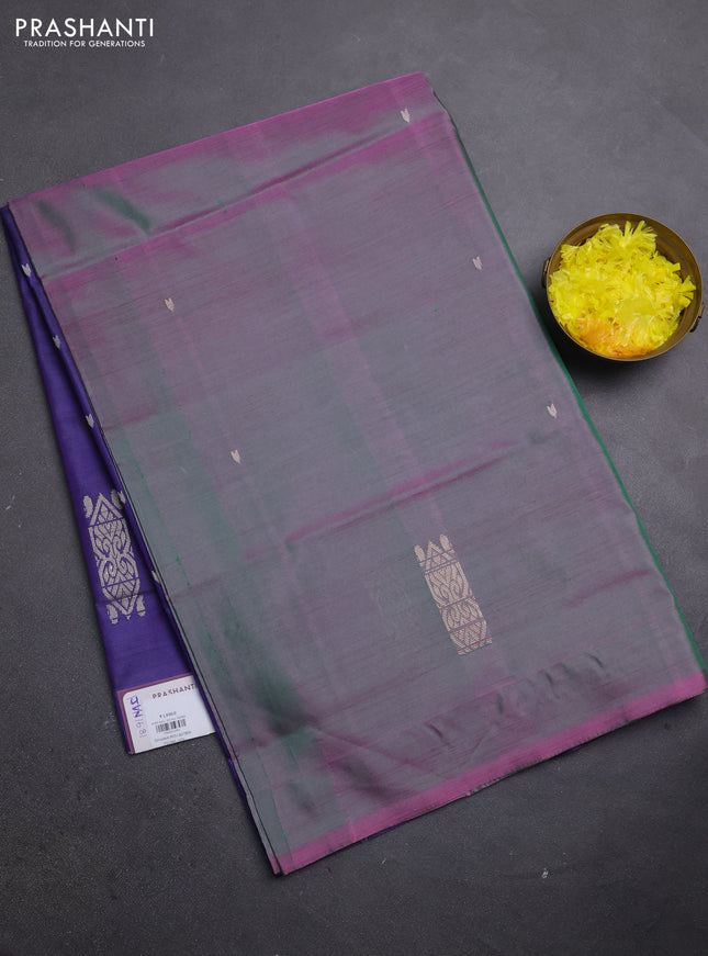 Banana pith saree dual shade of greenish pink and violet with thread woven buttas in borderless style