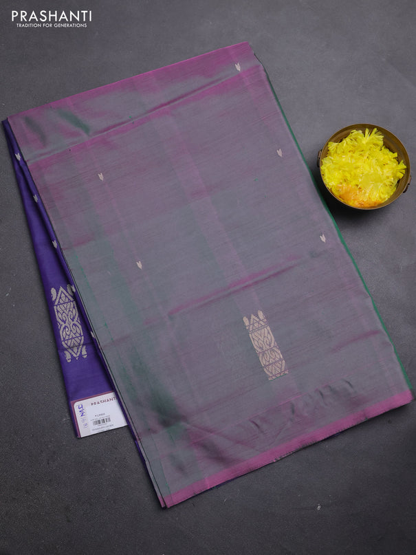 Banana pith saree dual shade of greenish pink and violet with thread woven buttas in borderless style