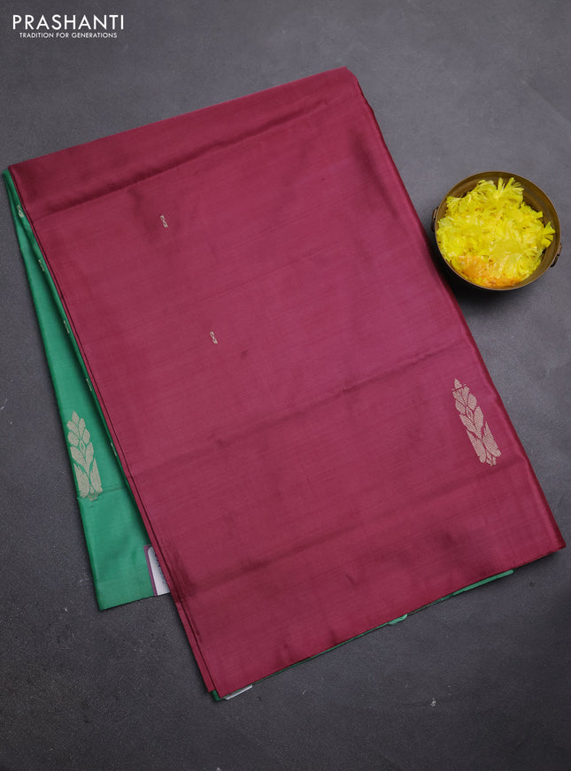 Banana pith saree maroon and green with thread woven buttas in borderless style