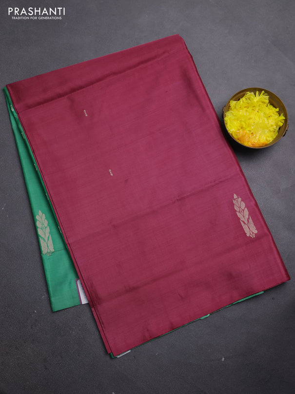 Banana pith saree maroon and green with thread woven buttas in borderless style