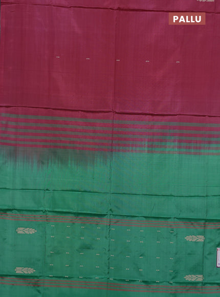 Banana pith saree maroon and green with thread woven buttas in borderless style