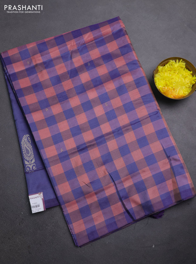 Banana pith saree peach and violet with allover checks & thread woven buttas in borderless style