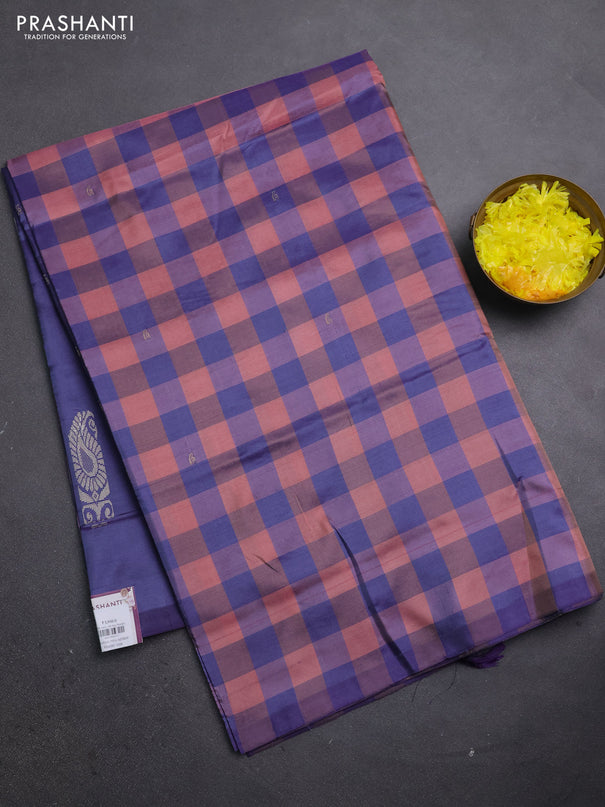 Banana pith saree peach and violet with allover checks & thread woven buttas in borderless style