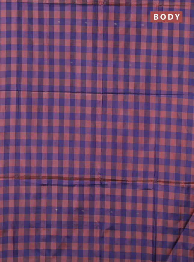 Banana pith saree peach and violet with allover checks & thread woven buttas in borderless style
