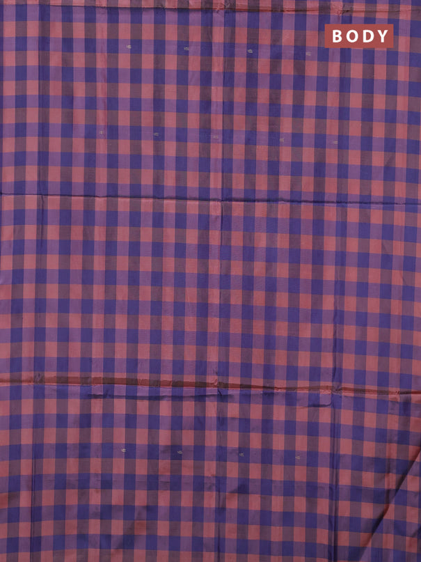 Banana pith saree peach and violet with allover checks & thread woven buttas in borderless style