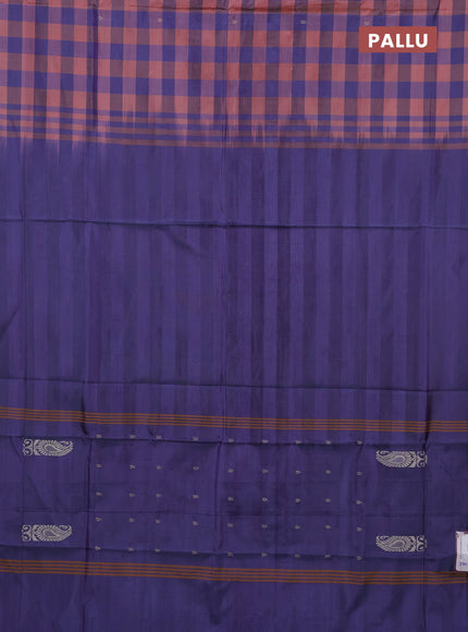 Banana pith saree peach and violet with allover checks & thread woven buttas in borderless style
