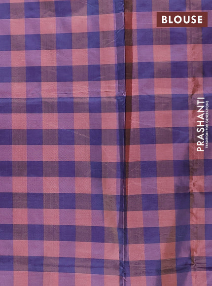 Banana pith saree peach and violet with allover checks & thread woven buttas in borderless style