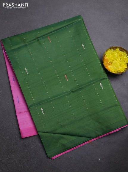 Banana pith saree green and pink with thread woven buttas in borderless style