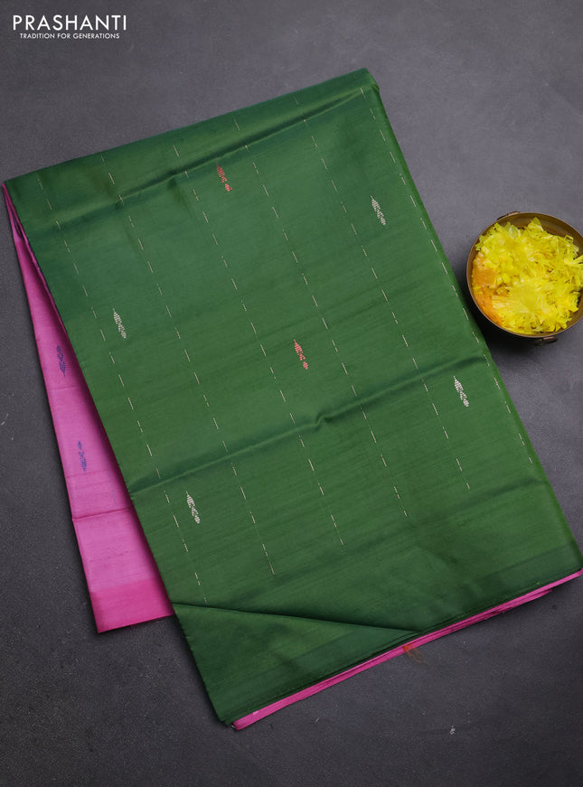 Banana pith saree green and pink with thread woven buttas in borderless style