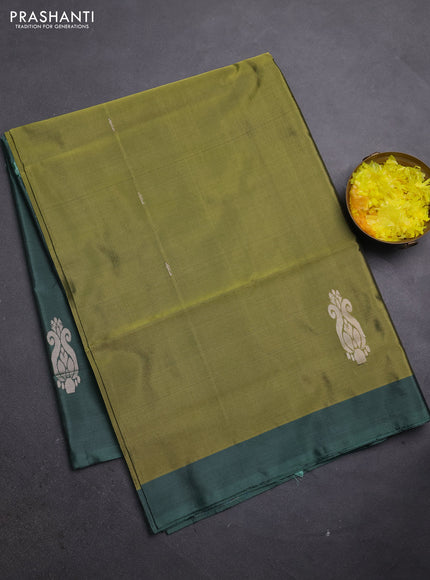 Banana pith saree mustard green and green with thread woven buttas and simple border