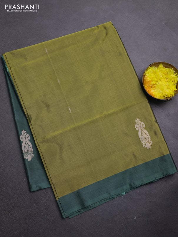 Banana pith saree mustard green and green with thread woven buttas and simple border