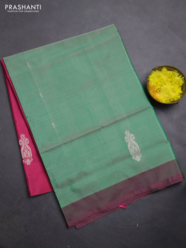 Banana pith saree green and pink with thread woven buttas and simple border